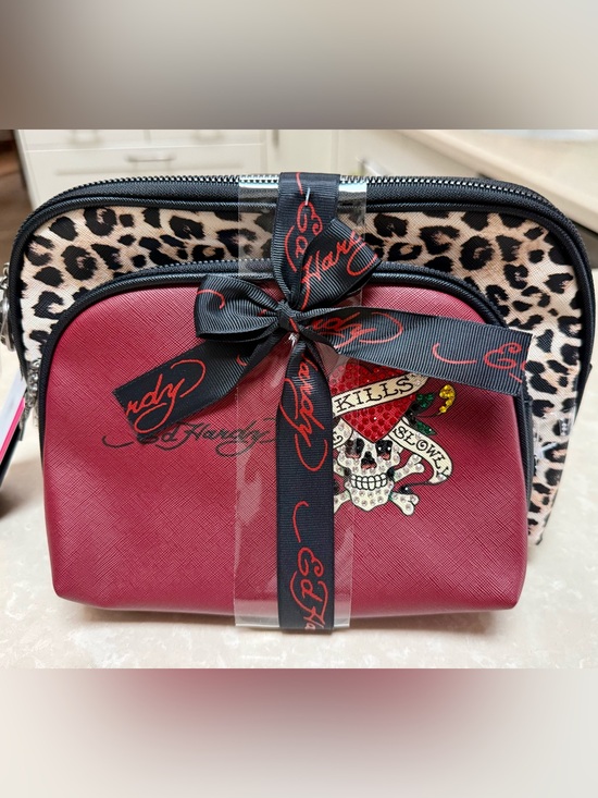 Ed Hardy Handbags - Ed Hardy Two Piece Cosmetic Bag Set -bold red & leopard design, skull, heart NWT